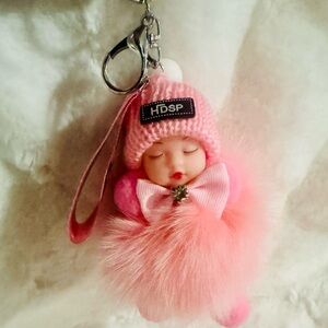 Pink Plush Baby Doll Keychain charm